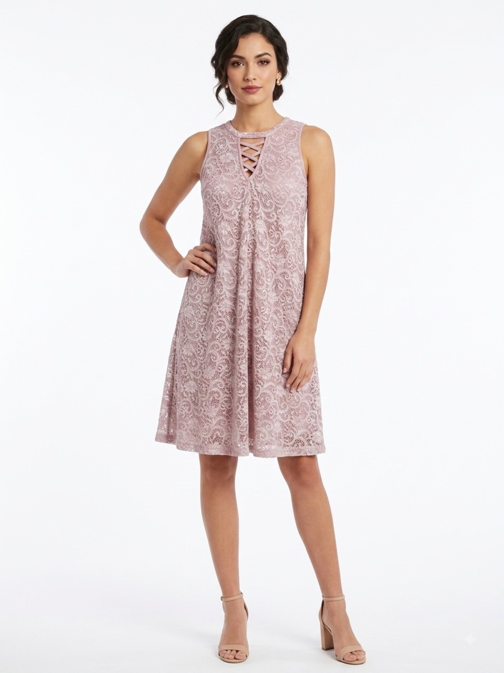 Liberty NWOT Lacey Stretchy Sleeveless Lined Lace Up Neckline Dress